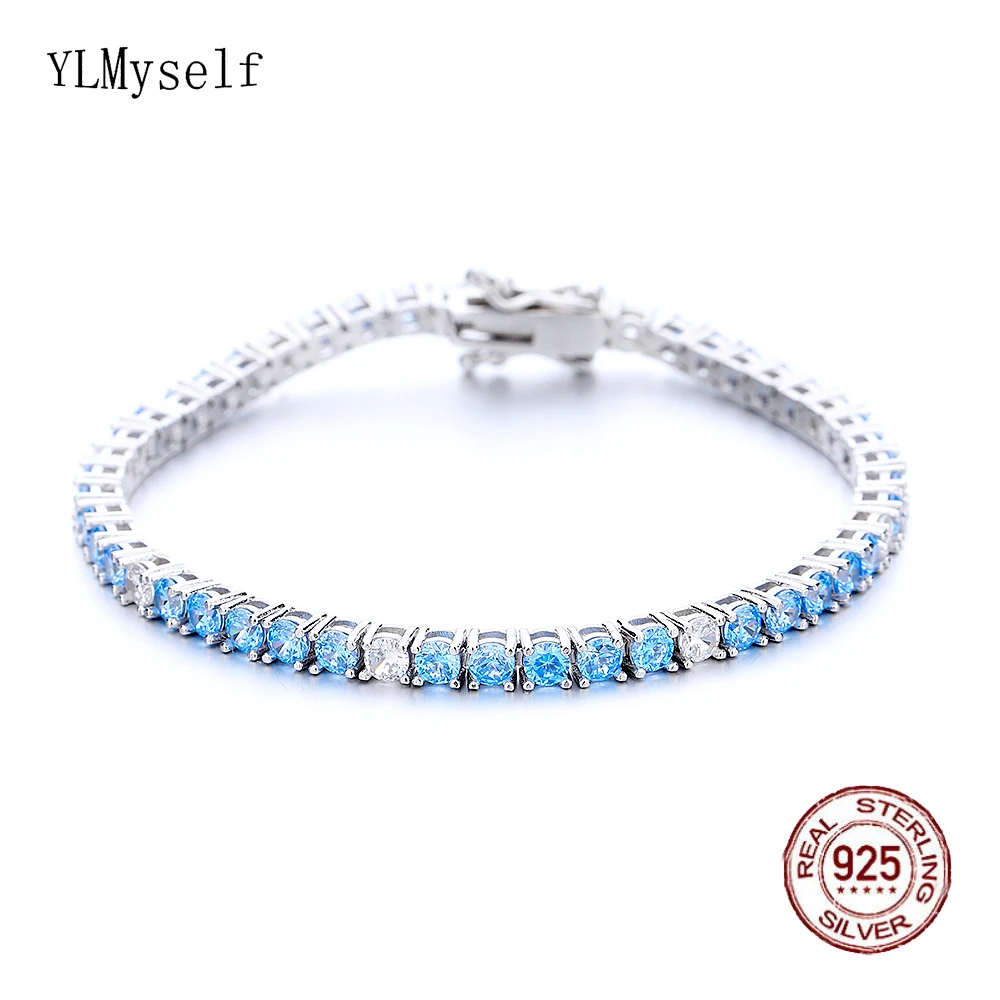 Real 925 Silver Tennis Bracelet Pave 3 mm of 5 Aquamarine Blue Mix 1 White Cubic Zircon Fine Jewelry Chain