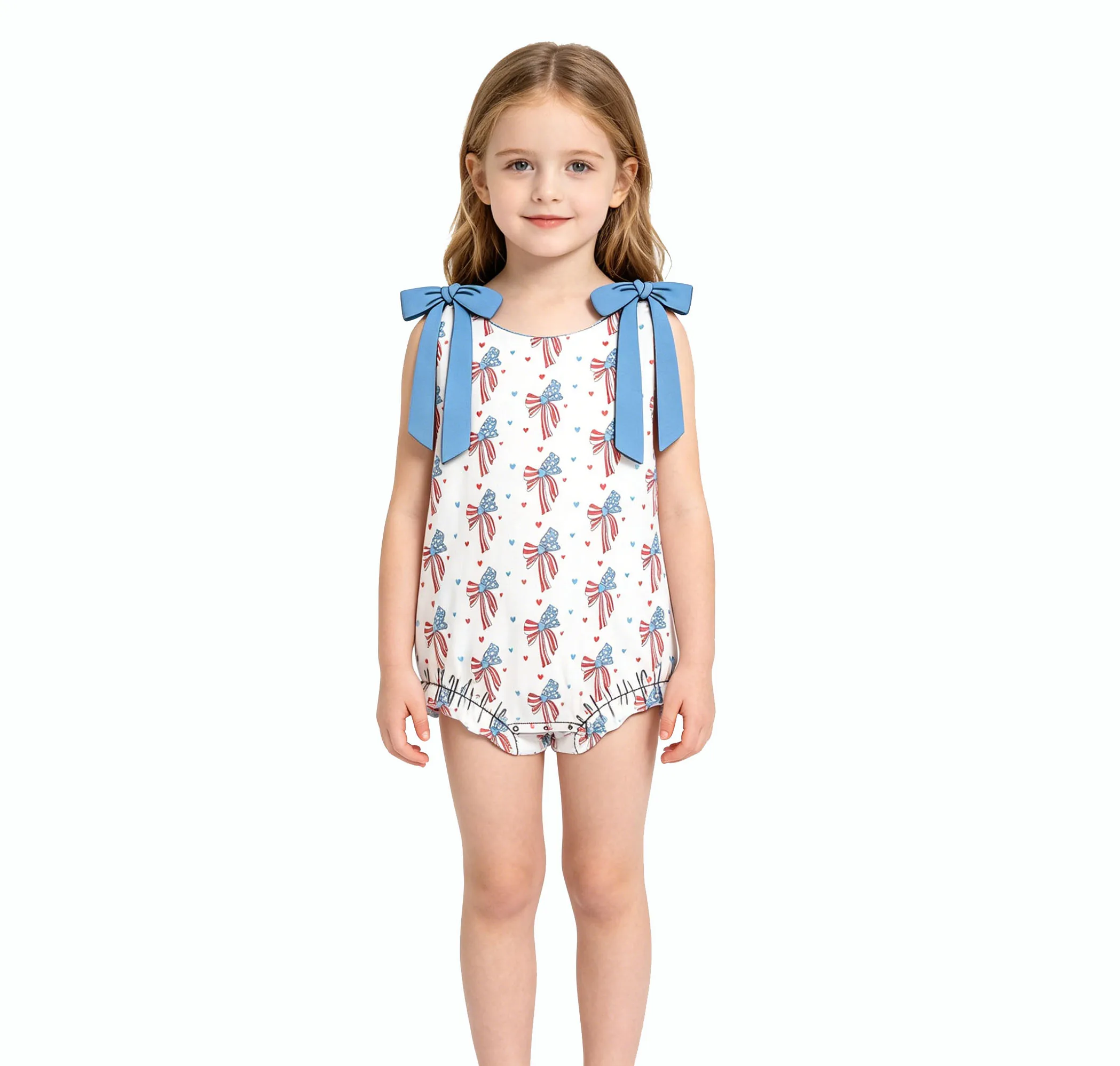 4th of July Flag Print Sleeveless Top with Bows at the Shoulders Red Ruffled Shorts Baby Girl Summer Collection Boutique Set