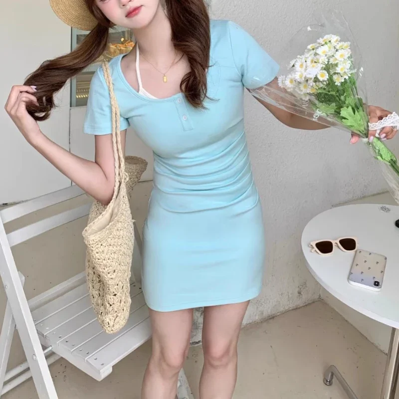 2024 Japanese Sweet and Cute Basic Pink and Blue Fake Two A Line Waist and Thin Fashionable Versatile Suspender Dress For Girl