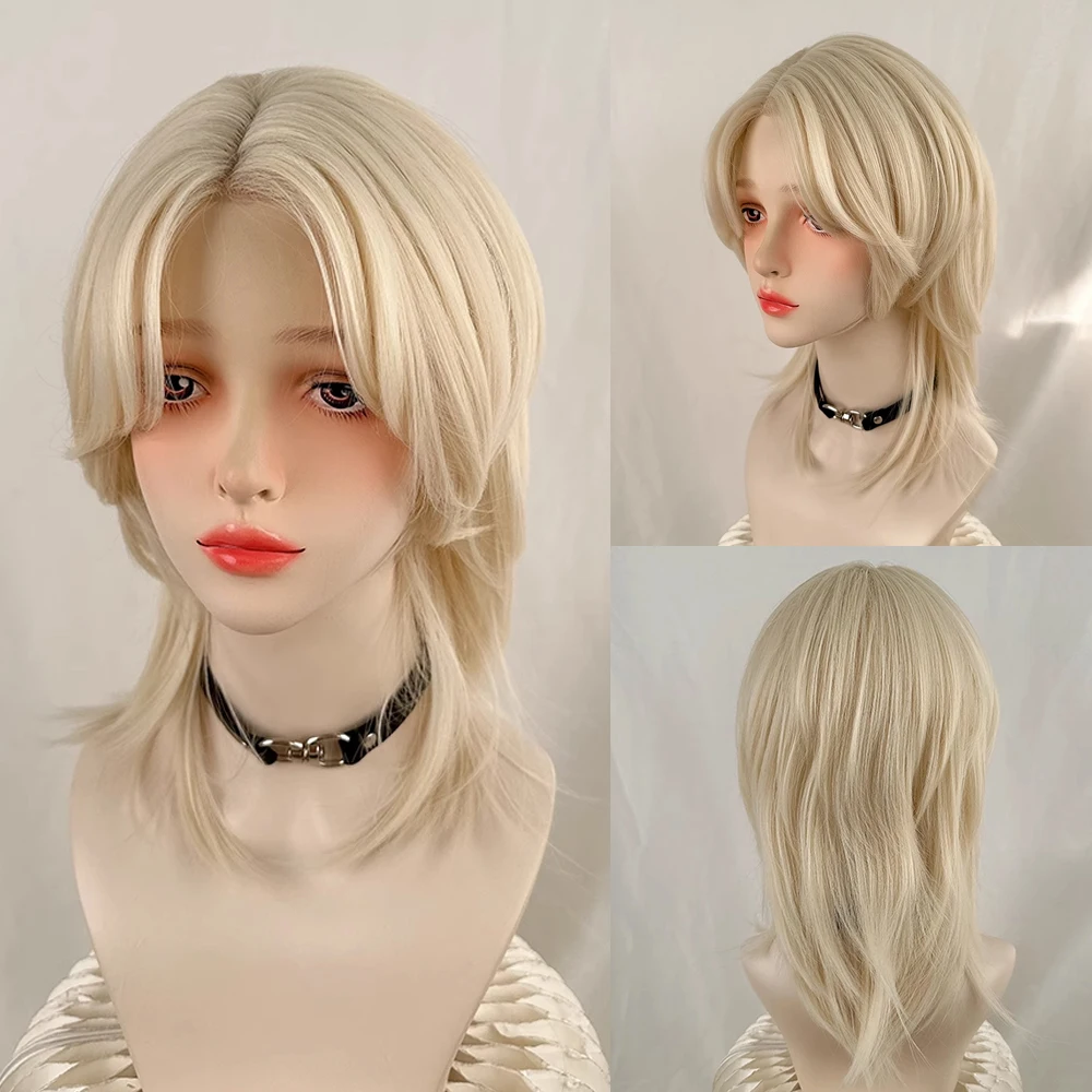 Lace Wolf Tail Mullet Head Synthetic Wig Middle Part Short Straight Blonde Fluffy Lolita Cosplay Wig for Daily Party