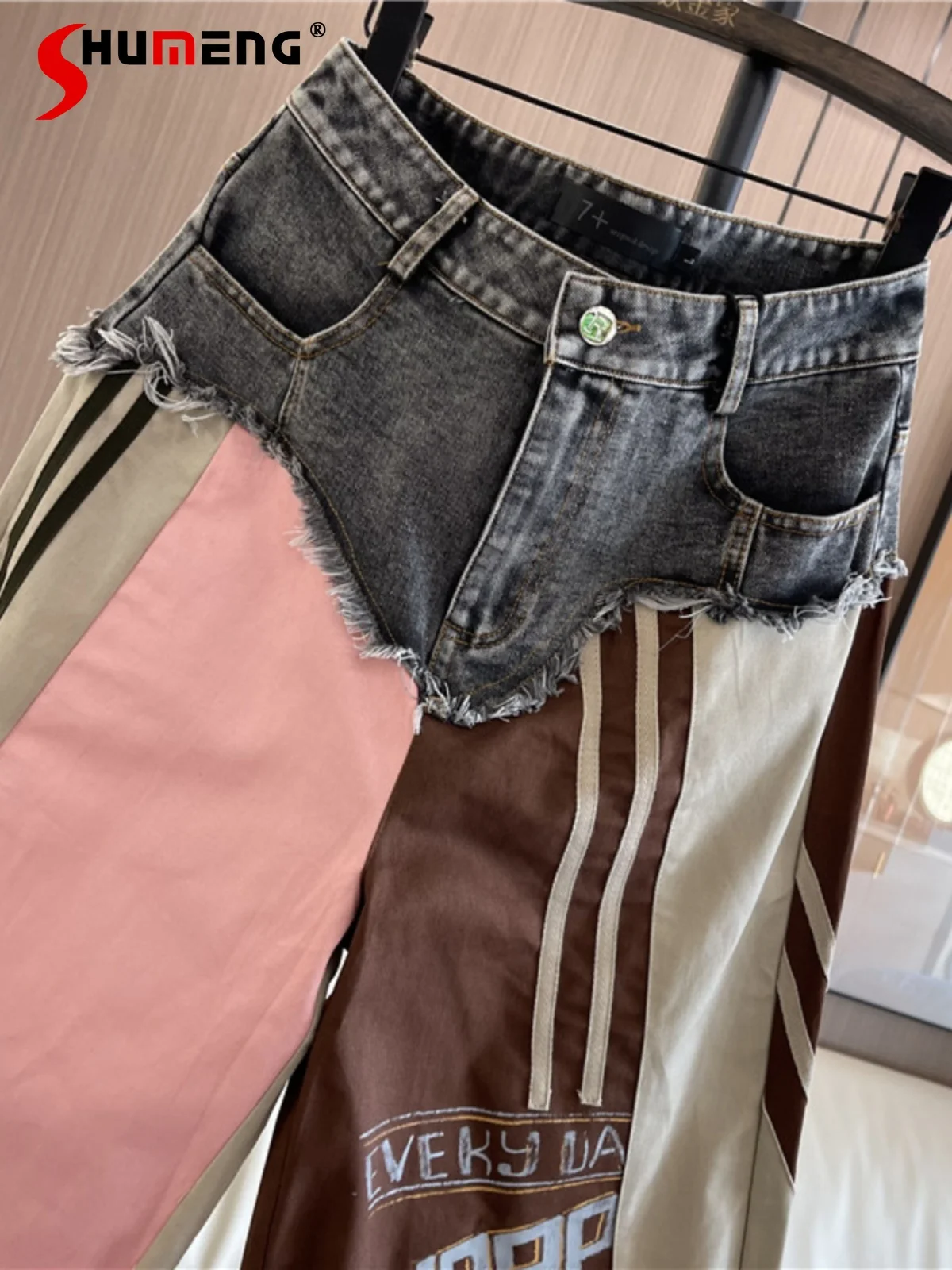 Original Design Stitching Jeans for Women 2024 Autumn and Winter New Trendy Cargo Straight-Leg Ankle-Banded Denim Pants Mujer