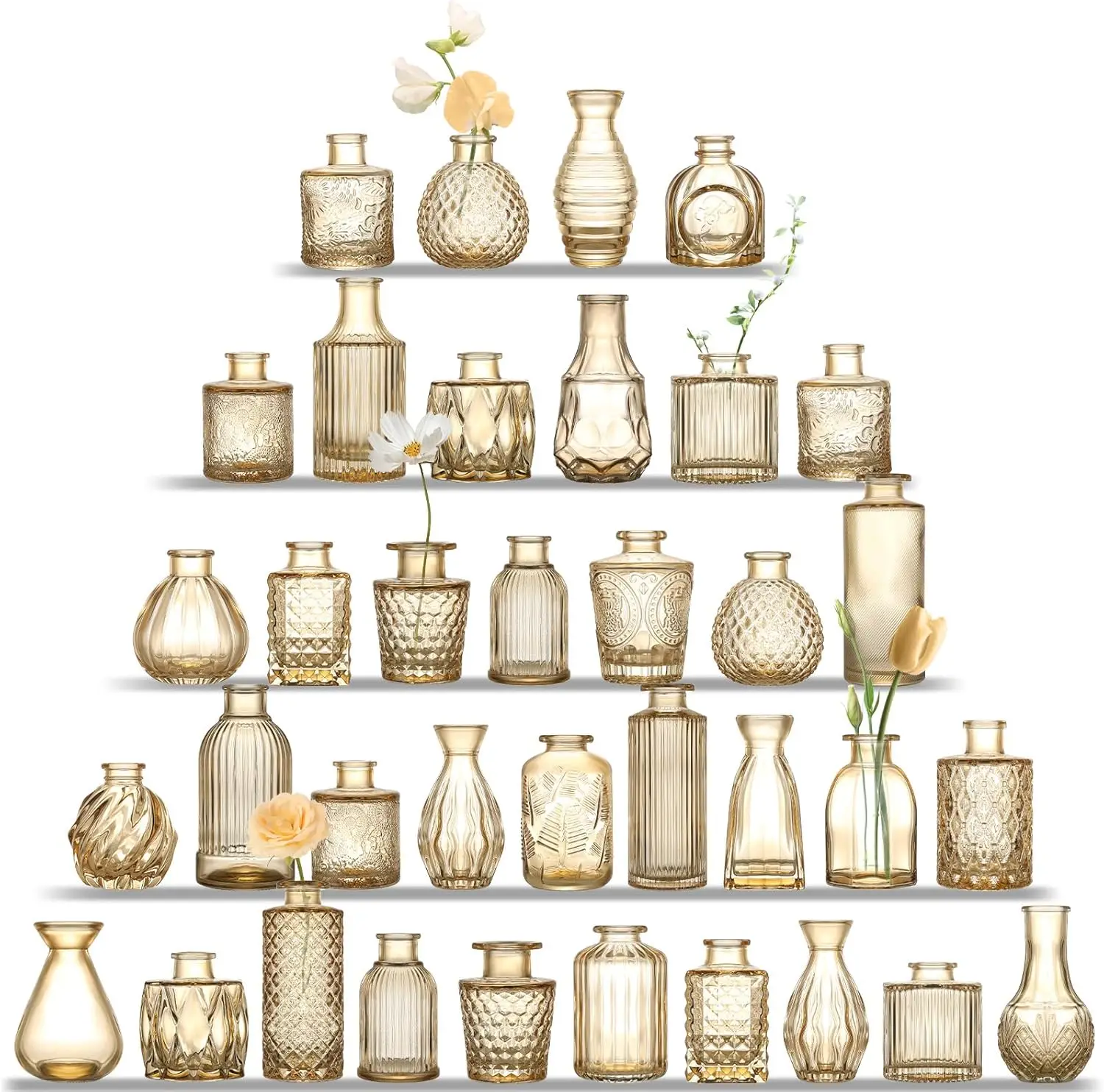 

Набор из 36 мини-вазов из янтарного стекла с золотой отделкой для свадебных центральных элементов, домашнего декора и сервизов стола