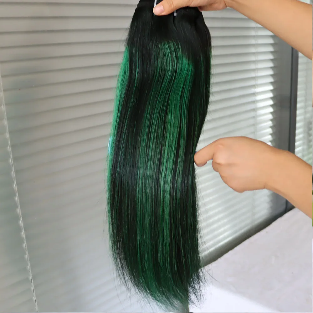 تسليط الضوء على أومبير البيانو اللون تسليط الضوء على 1B الأخضر الهندي وصلات شعر بشرية نسج لحمة مزدوجة عذراء شعر ريمي حزم هبوط السفينة