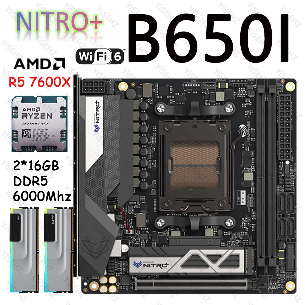 SAPPHIRE B650 Motherboard AMD Ryzen 5 7600X AM5 2*16GB DDR5 Support WIFI6 2*M.2 SATA3.0 HDMI Tpye-C NITRO+ B650I ITX Motherboard