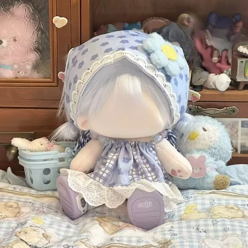 Lindo vestido de bebé estilo campestre de 20 cm, vestido de muñeca de algodón sin atributos, conjunto de muñeca con pañuelo en la cabeza