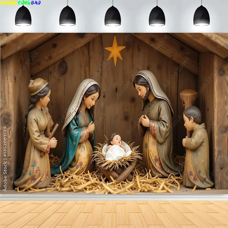 Manger Nativity Scene Background Mary Joseph Baby Jesus in a Rustic Sunset Shepherds Prayer Faith Photography Backdrops JU-03