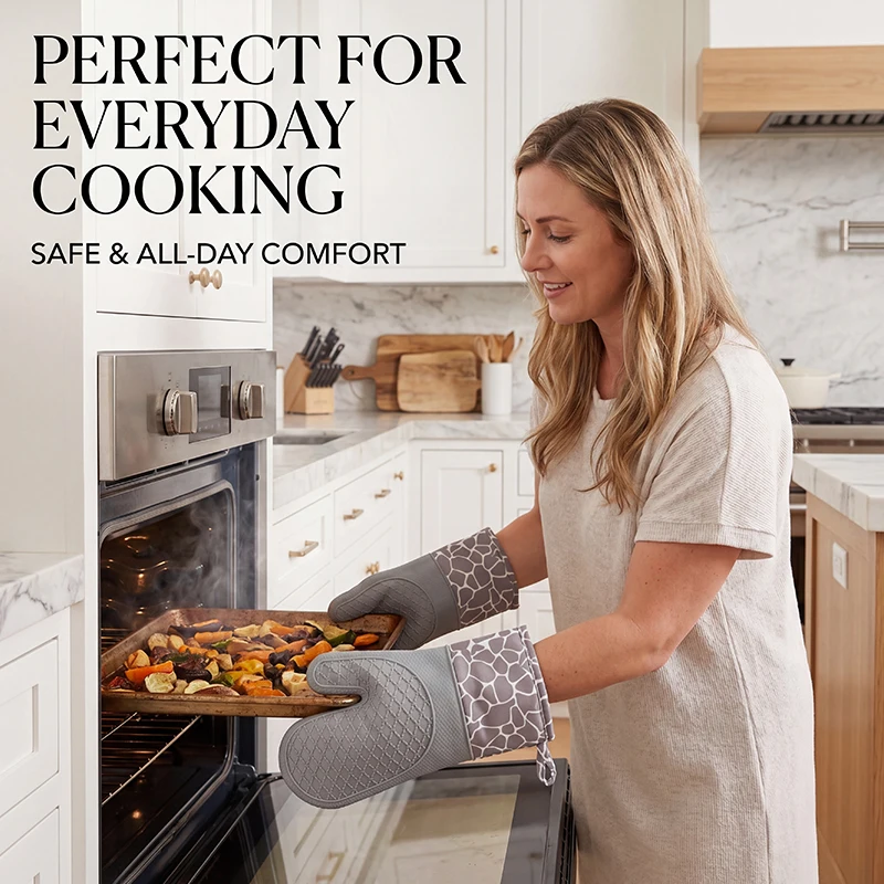 Heat Resistant Silicone Oven Mitts Set with Soft Cotton Lining, Long Flexible Thick Silicone Oven Gloves, Kitchen Mitt