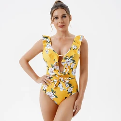 2024 New Print Flower One Piece Swimsuit Ruffle Backless Women Swimwear Biquini Summer Bathing Suits Lady Beachwear XXL