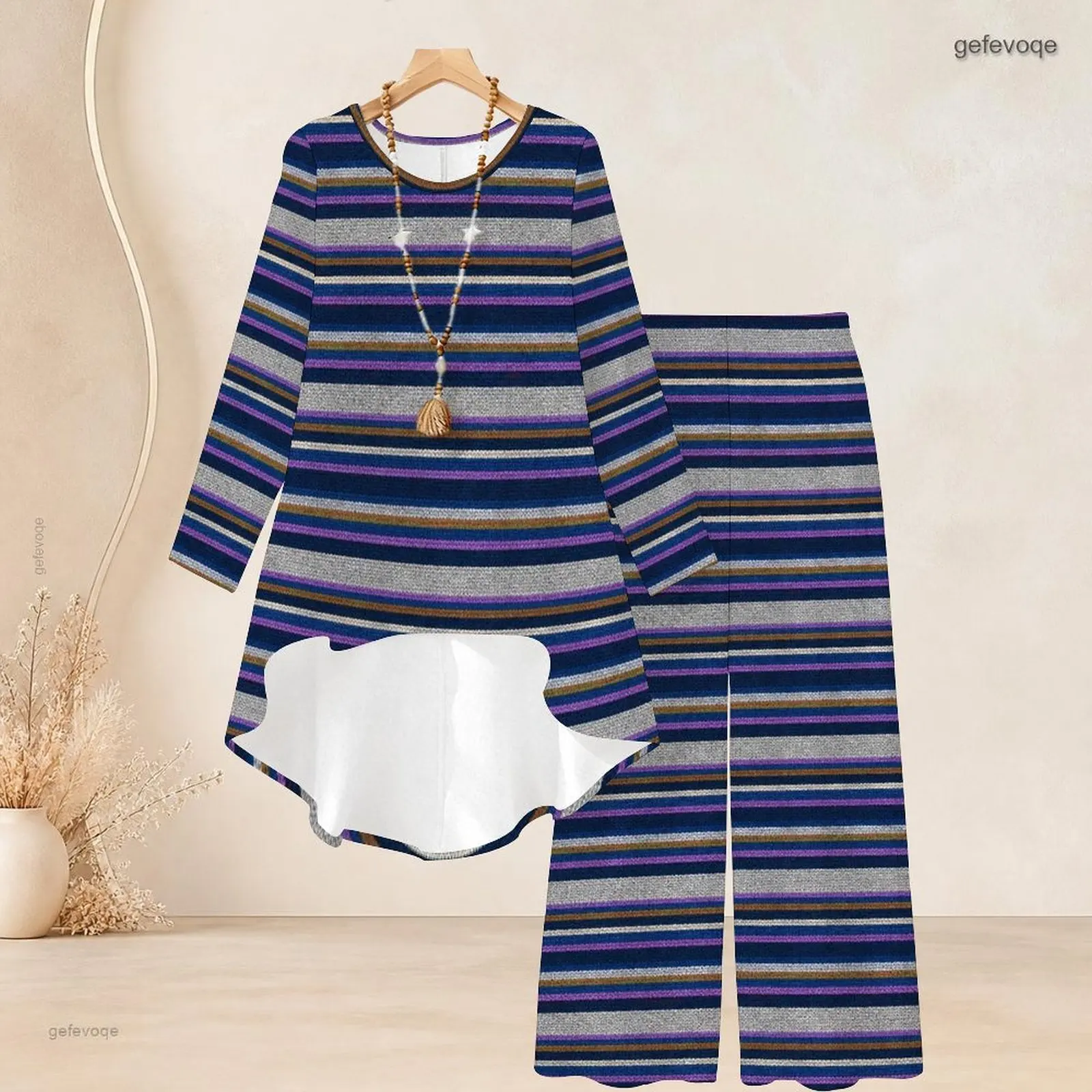 Women Teal Horizontal Stripe Print Round Neck Long Sleeve High Low Top And Wide Leg Pants Two Piece Set