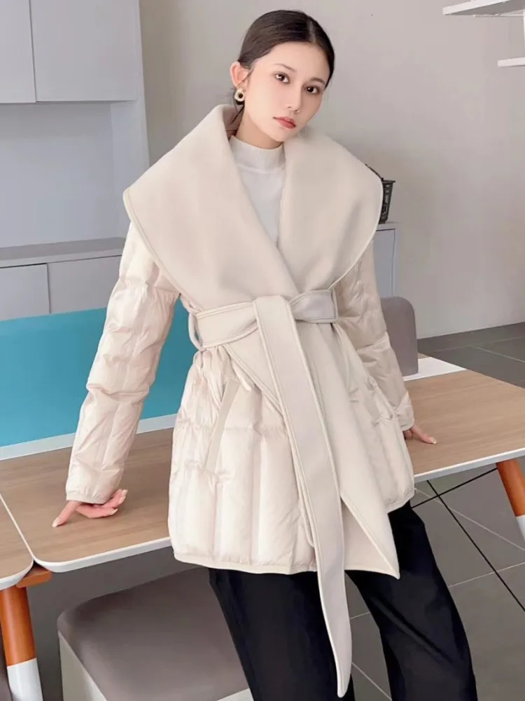 LANMREM High-end Double-sided Cashmere Coat With Spliced White Duck Down Jacket Woolen Belt Coats 2024 Winter New 2DA8200