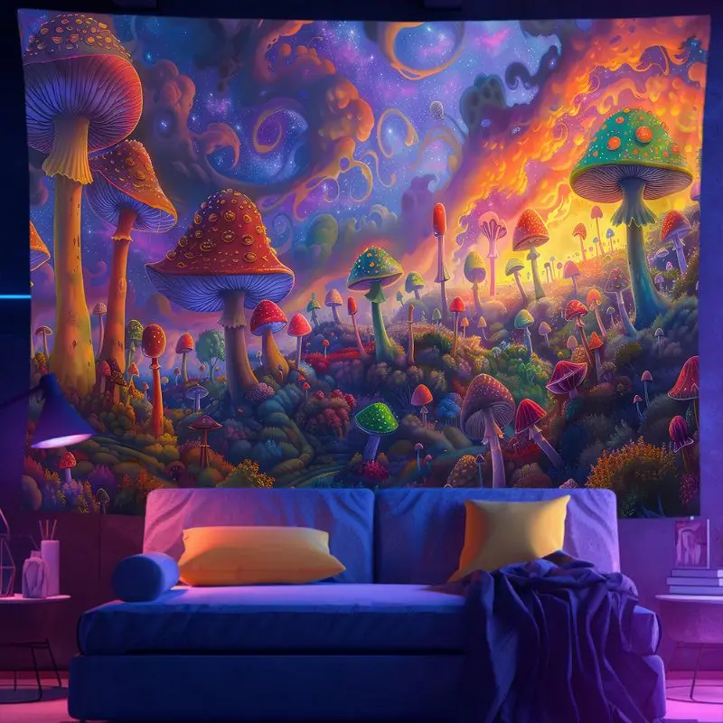 VIKAMA Blacklight Mushroom Galaxy Tapestry UV Reactive Wall Hanging for Bedroom Gaming Room Dorm Party Psychedelic Decor