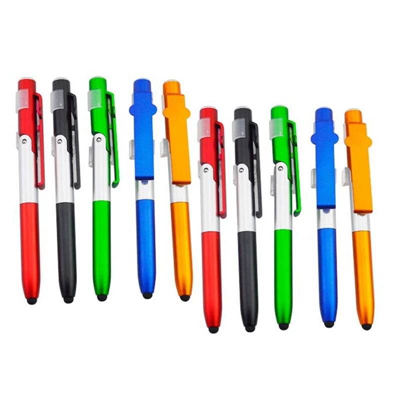 10Pcs 4 In 1 Multifunction Ballpoint Pen With LED Light Fold Phone Holder Night Read Writing Pencil Office School