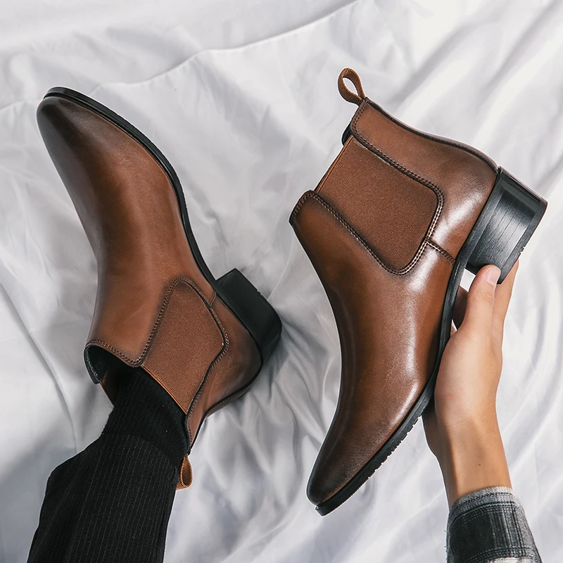 Luxury Brand Classic Mens High-heeled Boots Chelsea Fashion Leisure Shoes British Style Leather Ankle Boots Casual Trend Boots