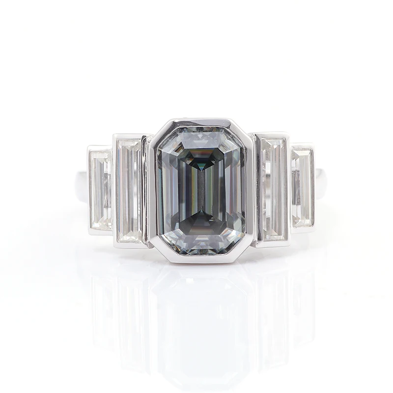 Provence 10K/14K/18K Moissanite Anniversary Rings for Women Grey Emerald Cut Statement Ring for Grandmother Five Stone Rings