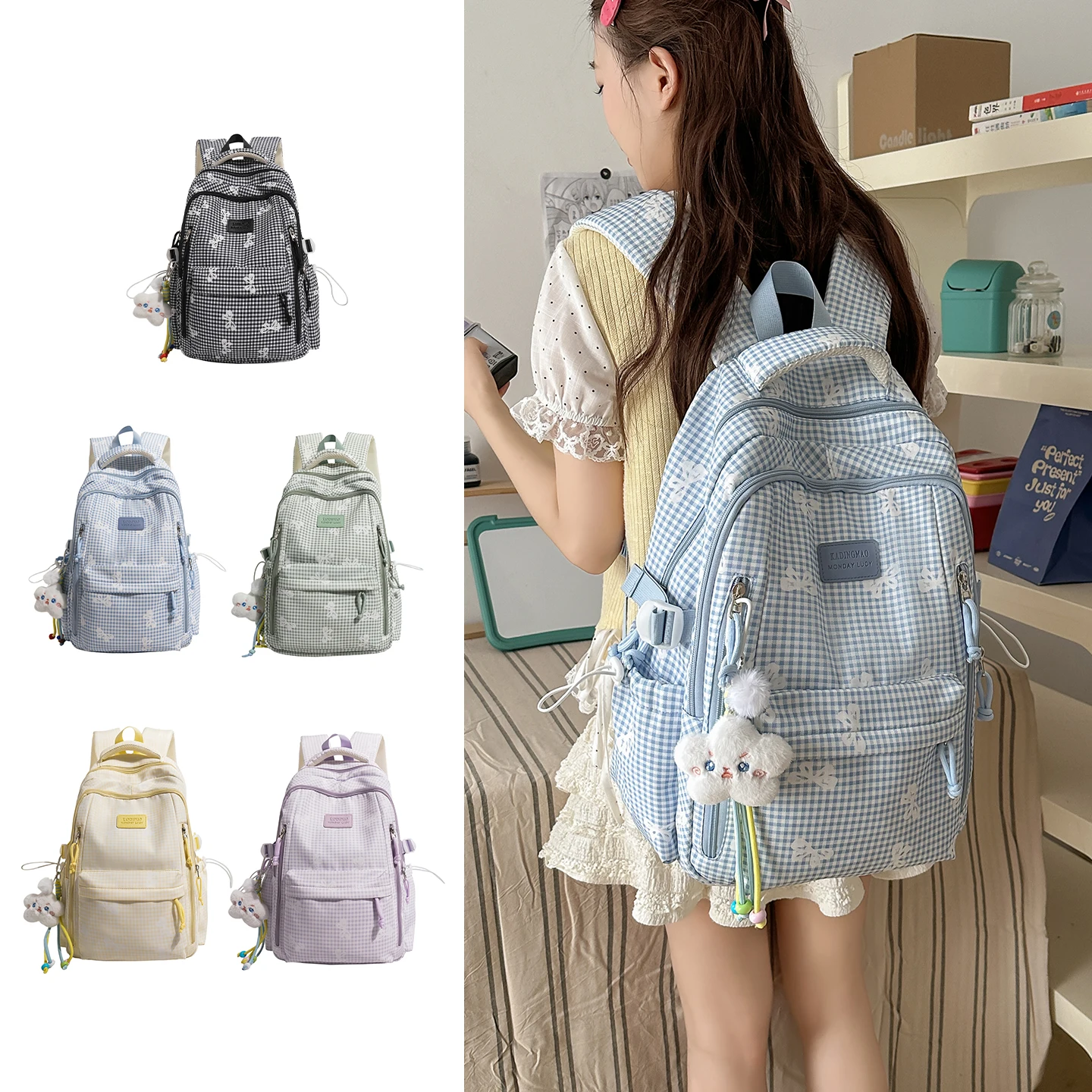 Nouveau sac à dos décontracté pour femme en nylon à imprimé écossais et nœud, avec breloque en peluche et sangle réglable, idéal pour l'école et le quotidien – Nouvelle tendance 2026