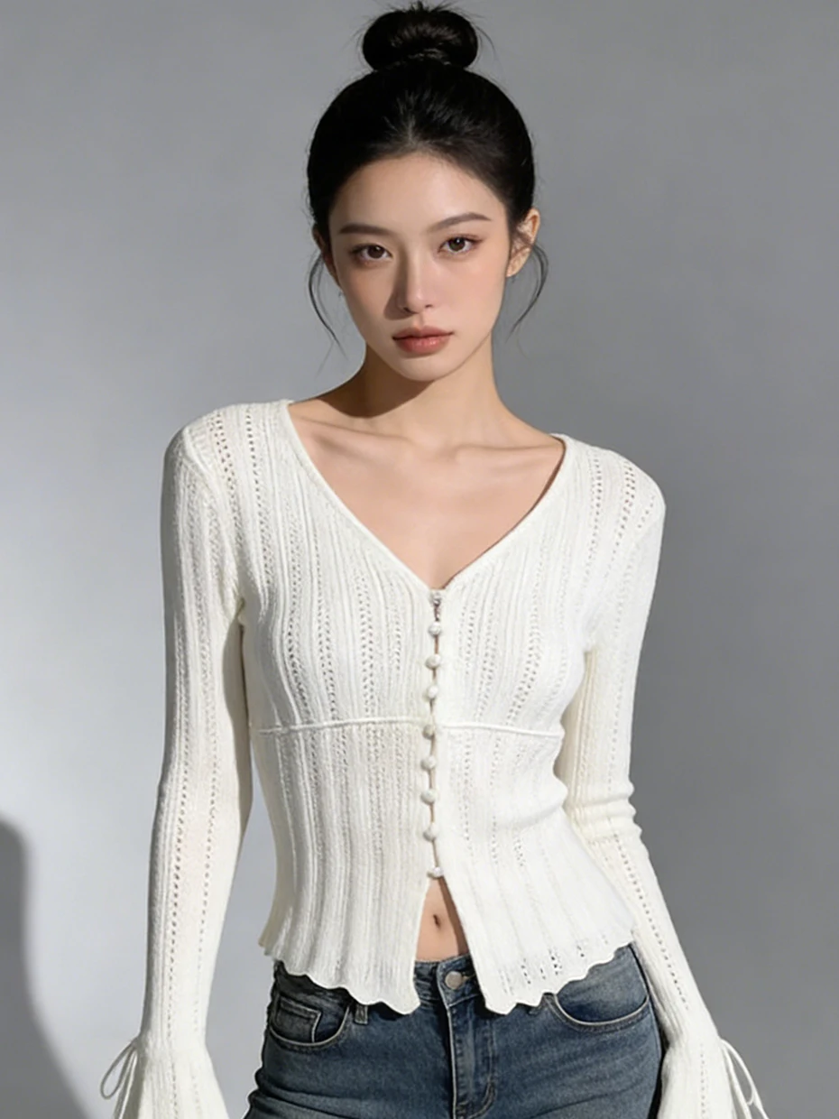 

Slim Fit V-Neck Knitted Open Cardigan Women's Spring Autumn Fashionable Bell Sleeve Base Layer Sweater Inner Top