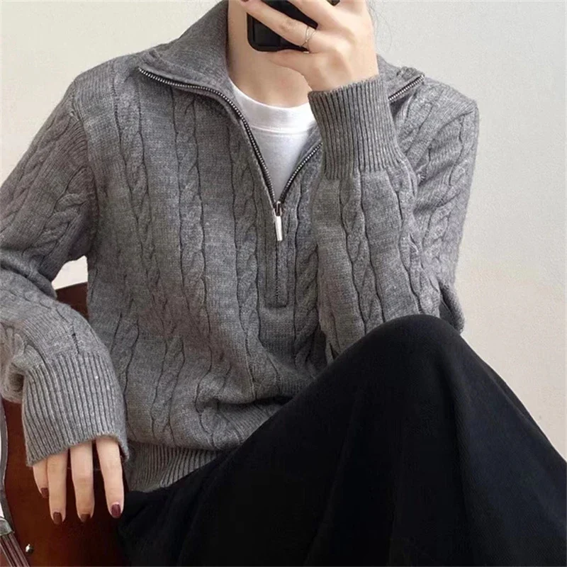 

2024 Winter Knit Sweater korea Women Zipper Hemp Pattern Loose All-Match Sweater Autumn Loose Turtleneck Pullover Crochet Tops