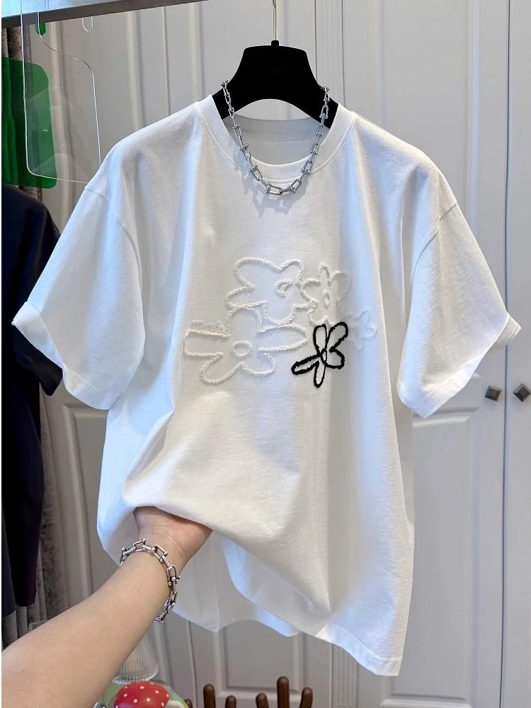 

Bla round Ne Embroidered Flower ort Sve T-irt Women's Loose Fit Casual Korean Sle Top from Guangzhou Thirteenth ...