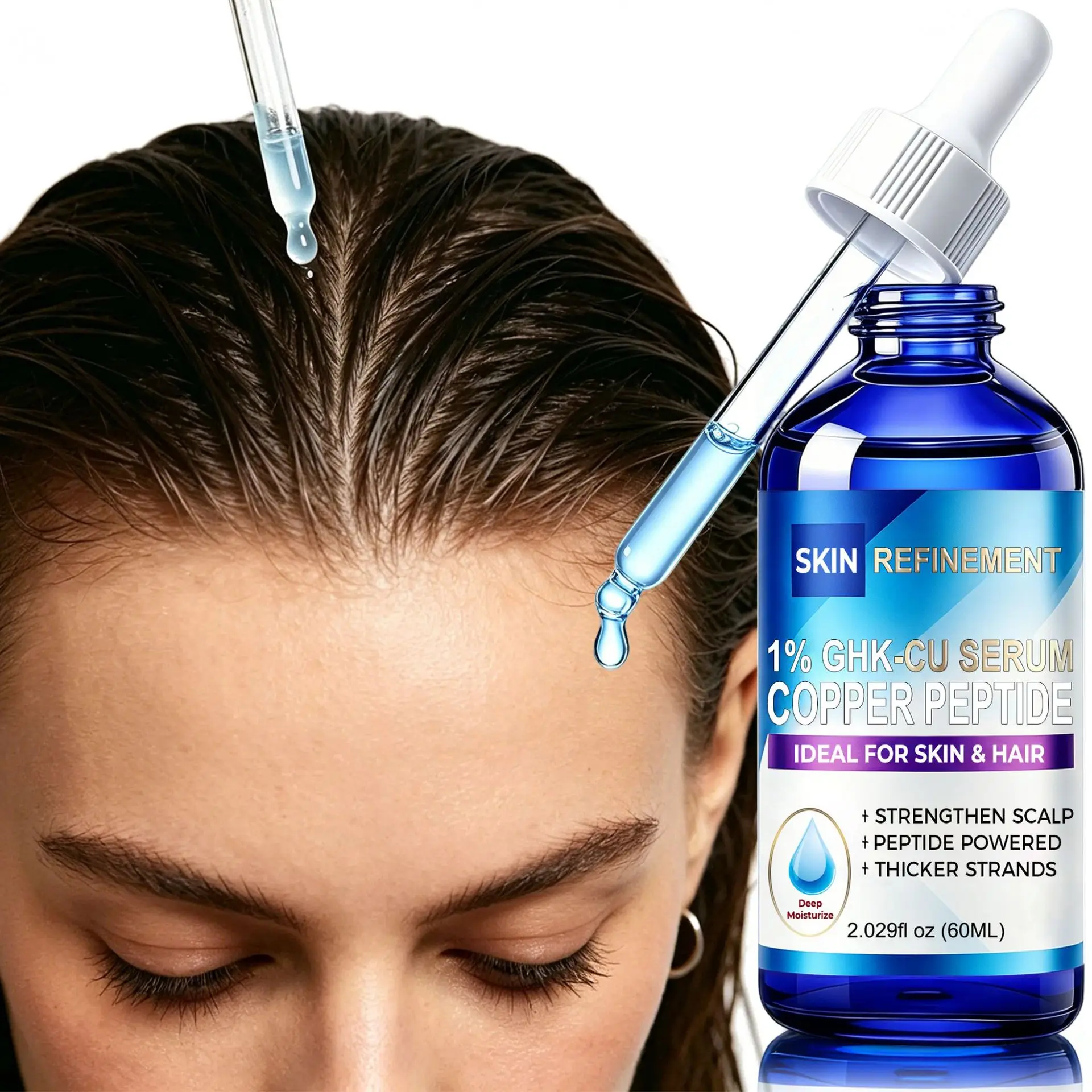 

1% GHK-Cu Copper Peptide Serum – 60ml. Dual-use formula for face and hair. Strengthens scalp, thickens strands, and reduces brea