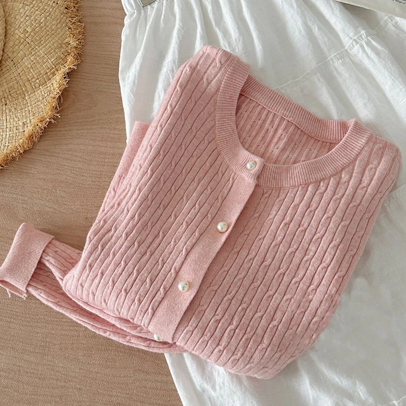 

Elegant Long Sleeve Knitwear Tops Women Autumn Winter Single Breasted Sweater O Neck Thick Warm Knitted Cardigan Female