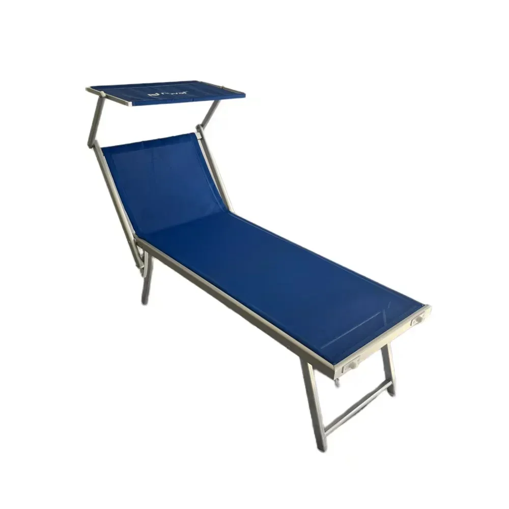 Outdoor Aluminium Folding Sunlounger Sun Beach Bed With  with Sun Shade Canopy Adjustable Back Rest