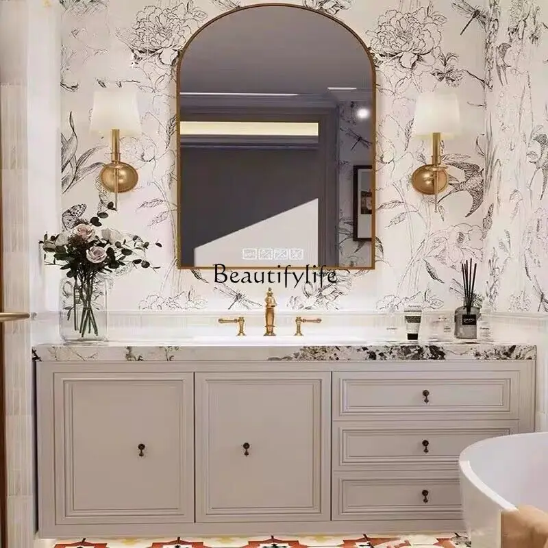American light luxury bathroom washstand rock slab seamless washbasin cabinet