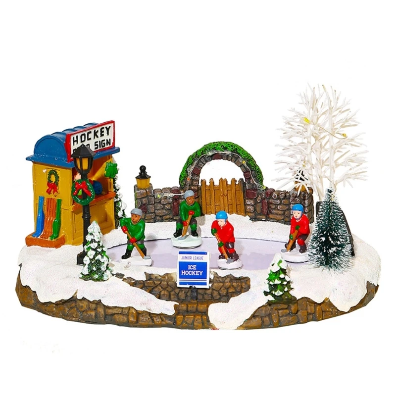 Resin Christmas Village Skating Figurine Flashing Light up Decoration with Music