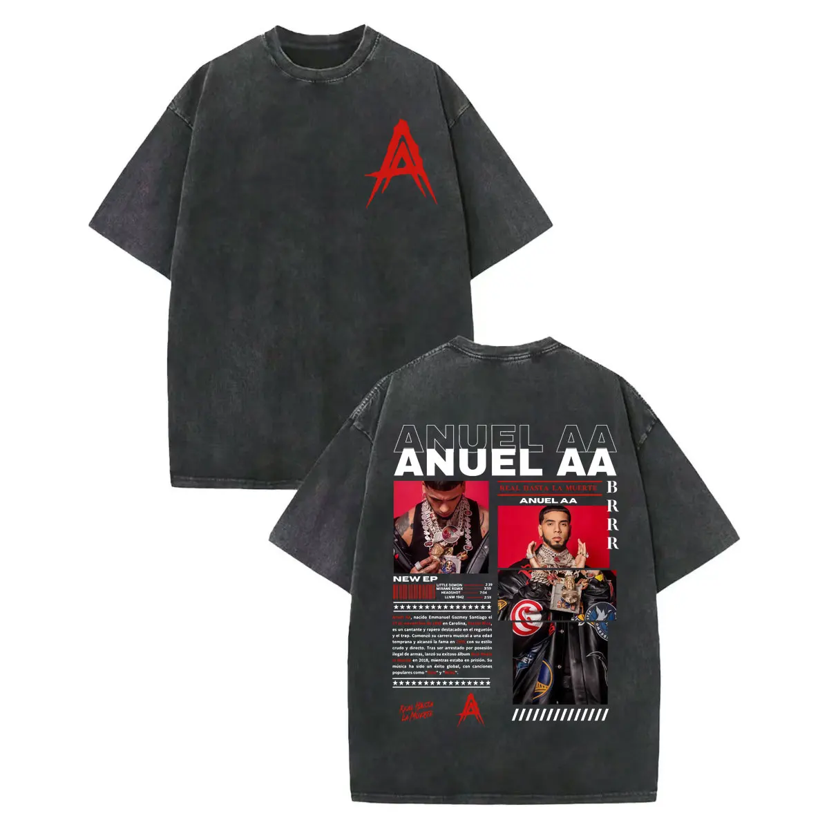 

Rapper Anuel AA Double Sided Print T-shirts Men Women Clothing High Quality Vintage Washed T-shirt Fashion Casual Cotton T Shirt