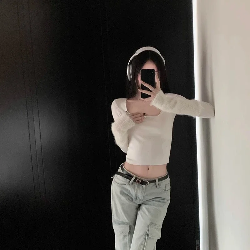 Basic Pullovers Women Skinny All-match Cropped Tops Autumn Comfortable Patchwork Pure Sexy Attractive Ulzzang Minimalist Daily