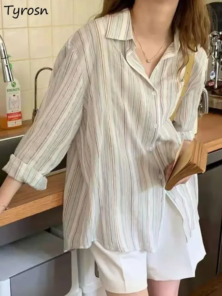 

Women Shirts Simple Striped Design Leisure Loose Fashion Daily Spring All-match Korean Style Classic Sun-proof Turn-down Collar
