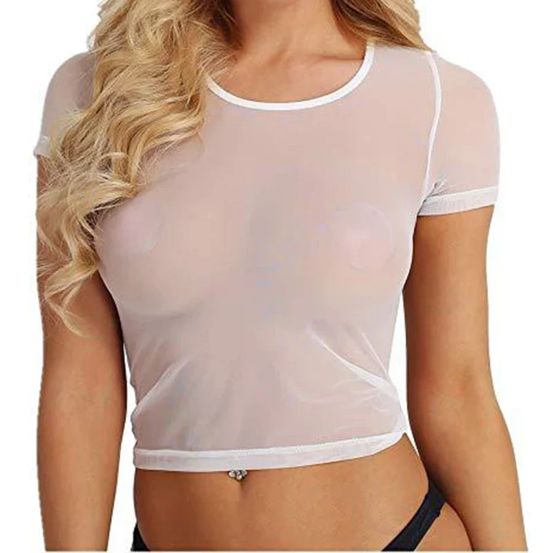 Mulheres sexy t camisa ver através de malha pura tanque colheita superior colete feminino gaze magro camiseta clube roupas sexy blusa transparente