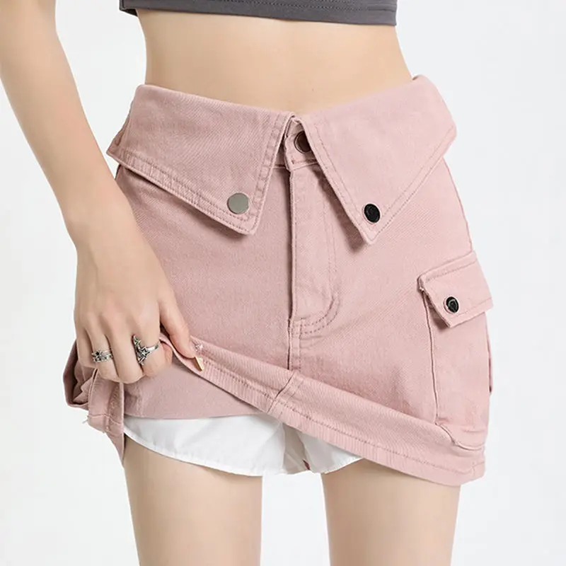

Dirty pink anti-exposure lined workwear denim mini skirt for women with cuffed waistband, slimming for petite hot girlsaShort Sk
