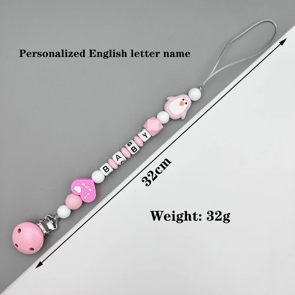 Personalized English Letters Names Silicone Penguin Pacifier Chains Holder Clips Beads Pendant Toy for Baby Infant Teether Gifts