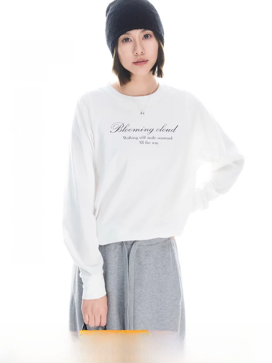 

Женская футболка Cloud Life Initial T с длинным рукавом, повседневная, свободного кроя, с буквенным принтом, из хлопка и лиоцелла, весна-осень, топ для похудения