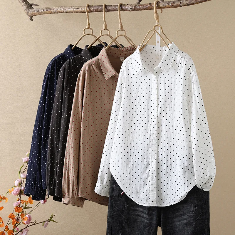 Women's blouses elegant lapel long sleeve tops polka dot shirts and blouses for women autumn cotton yarn dot base shirts