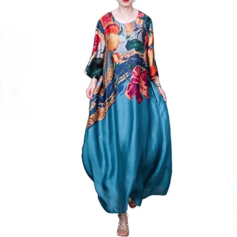 Spring Summer Large Size Long Sleeve Silk Dress 2024 New Floral Print  Elegant Beach Style  Maxi es for Women Q742