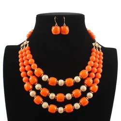 Multi layered bead necklace orange bead bib statement choker acrylic bead necklace and earrings jewelry set for women