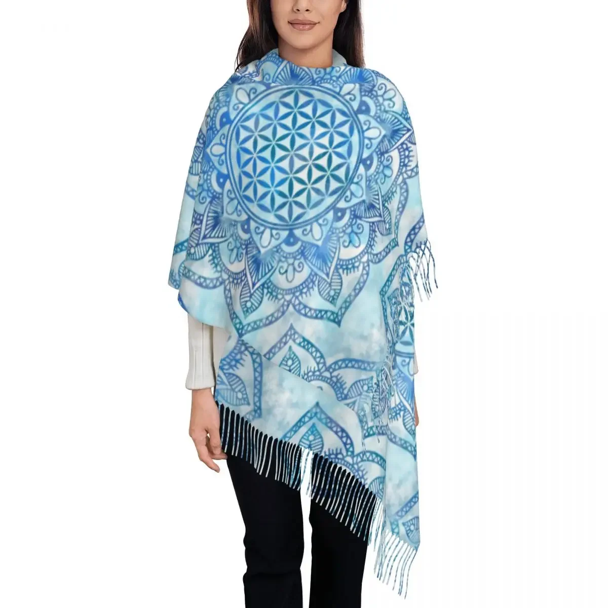 Flower Of Life In  Mandala Scarf for Women Stylish Winter Fall Shawl Wraps Spiritual Meditation Tassel 