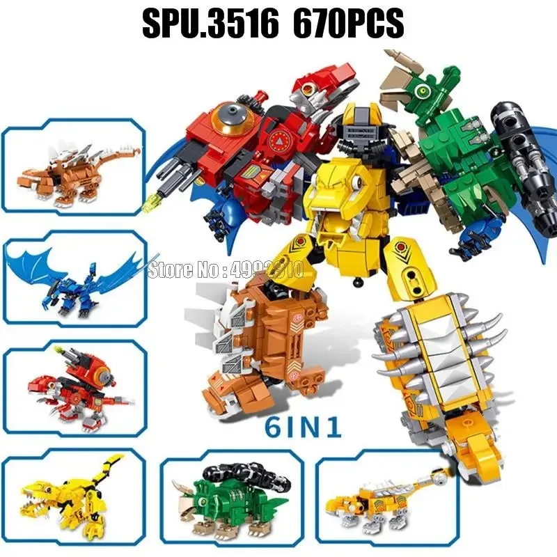 Ql0209 670pcs 6in1 Transformation Deformation Mecha Robot Jurassic Dinosaur Warrior Building Blocks Toys