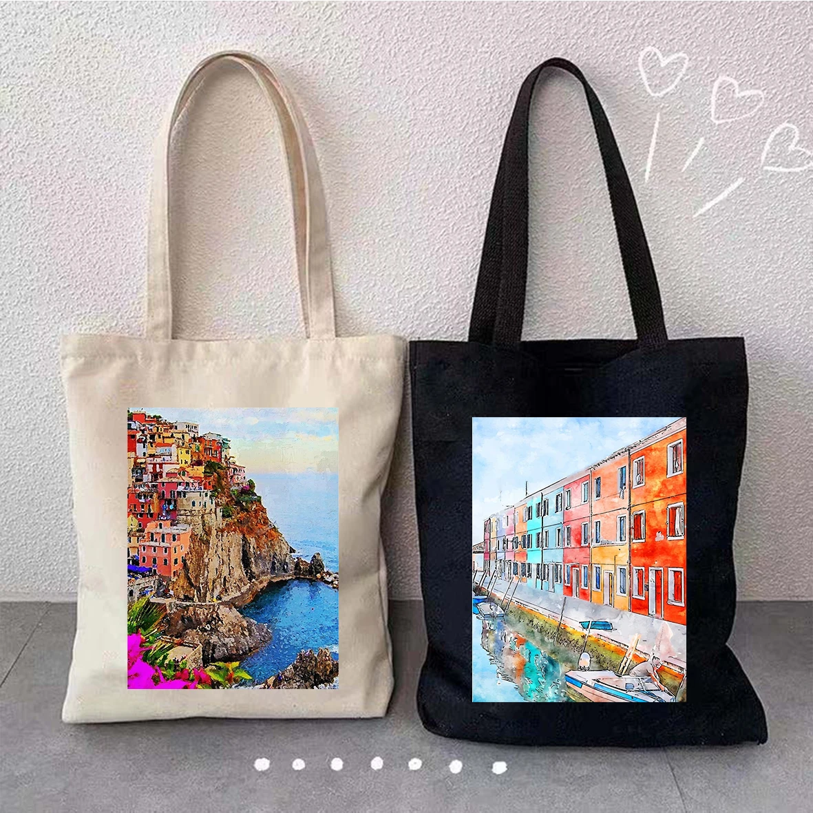 The Colosseum Duomo Rome Italy Burano Milan Cinque Terre Watercolor Painting Shopper Shoulder Canvas Tote Bag Shopping Handbags