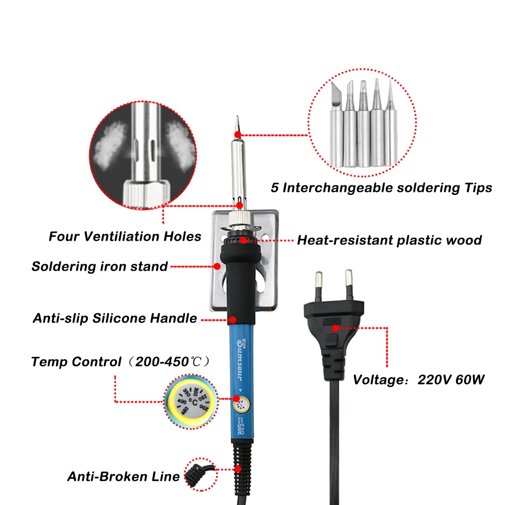 220V Adjustable Electronic Soldering Iron 60W Household Welding Station Welding Repair Tool Tips/ Stand/ Tin Wire For PCB Phone