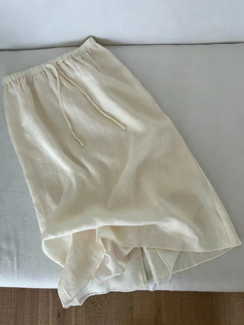 New Fashion Summer Linen Skirt Women Retro Elastic Waist Lace Up Slim Casual Office Lady Midi Skirt Solid Color Jupe