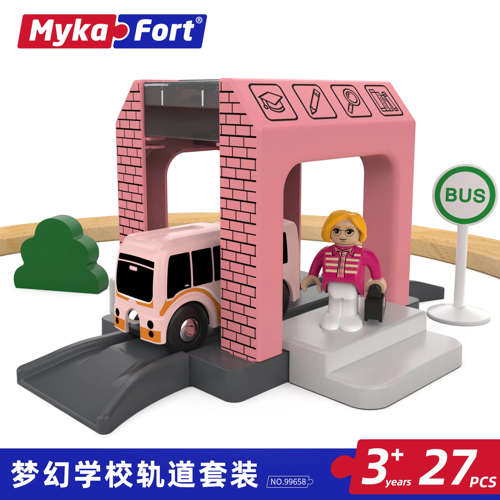 Set di binari per scene scolastiche da sogno, puzzle per bambini, vagone ferroviario in legno, assemblaggio fai da te, set di autobus scolastici, XT146