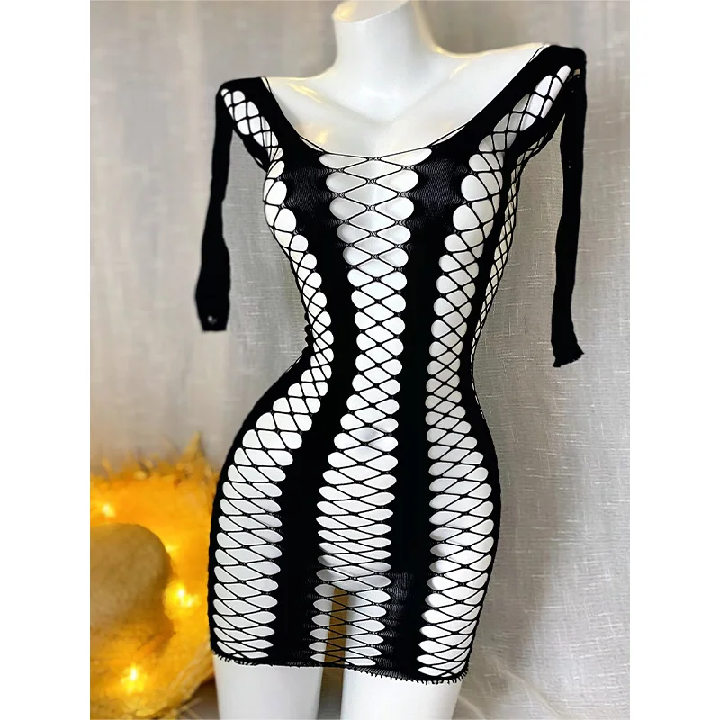 1PC Women Fishnet Cover Up Without Bikini Sexy Lingerie See Through Hollow Out Bodycon Dress Long Sleeve Beachwear Qq578
