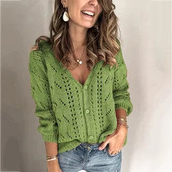 Cardigan for women autumn knitted sweater hollow out green cardigan Button down cardigan outwear clothes women oversize cardigan