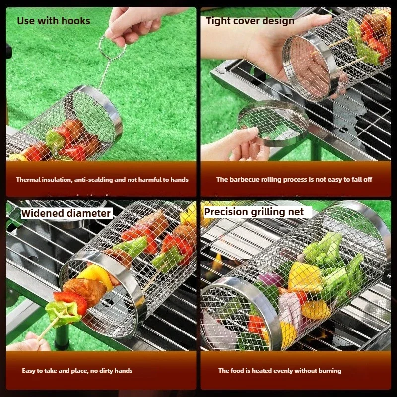Rolling Grill Basket, Removable Wooden Handle, 304 Stainless Steel, Nesting Grilling Tools, Smoker BBQ Accessories for Vegetable