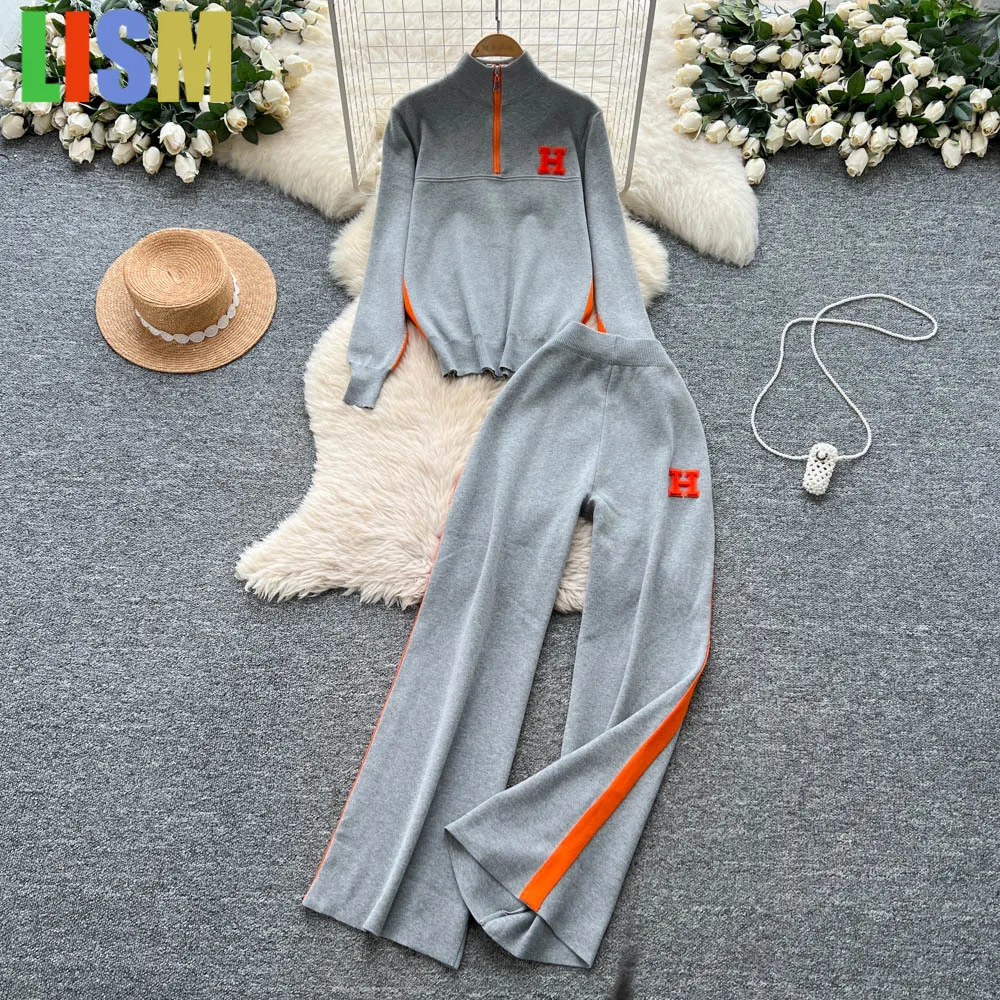 

LISM 2025 Casual winter woman outfit tracksuit Zipper Collar Long-sleeved Sweater Top Wide-leg Pant Women 2pcs Jogger Suit