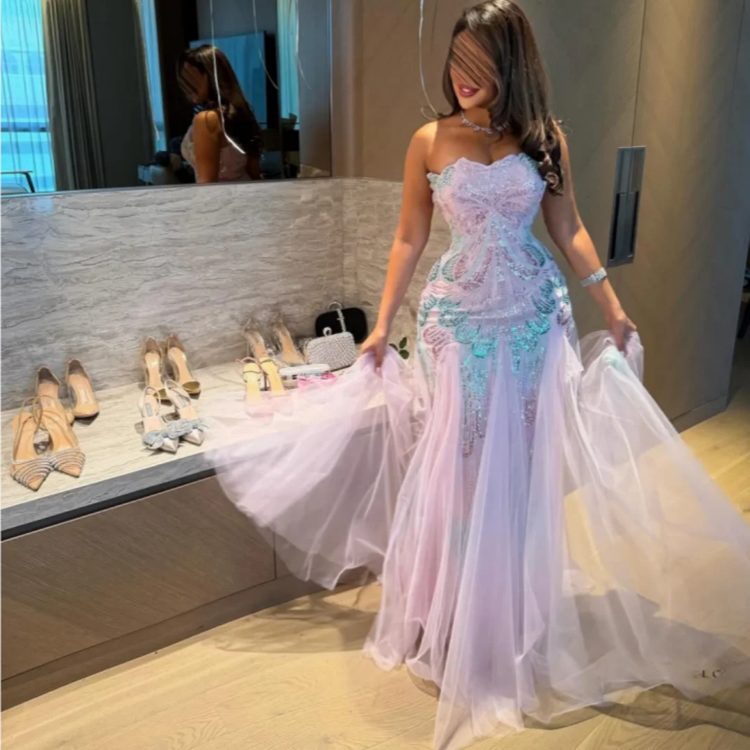 Luxury Trend Mermaid Strapless Gradient Sequin Detail Tulle Fairy Floral Draped Charming Evening Prom Formal Party Dress