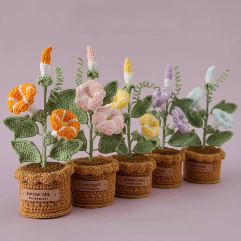 Hand-Crocheted Wool Woven Ornaments Snow Fly Knitted Morning Glory Wool Potted Multi-Head Flower Decorative Gift