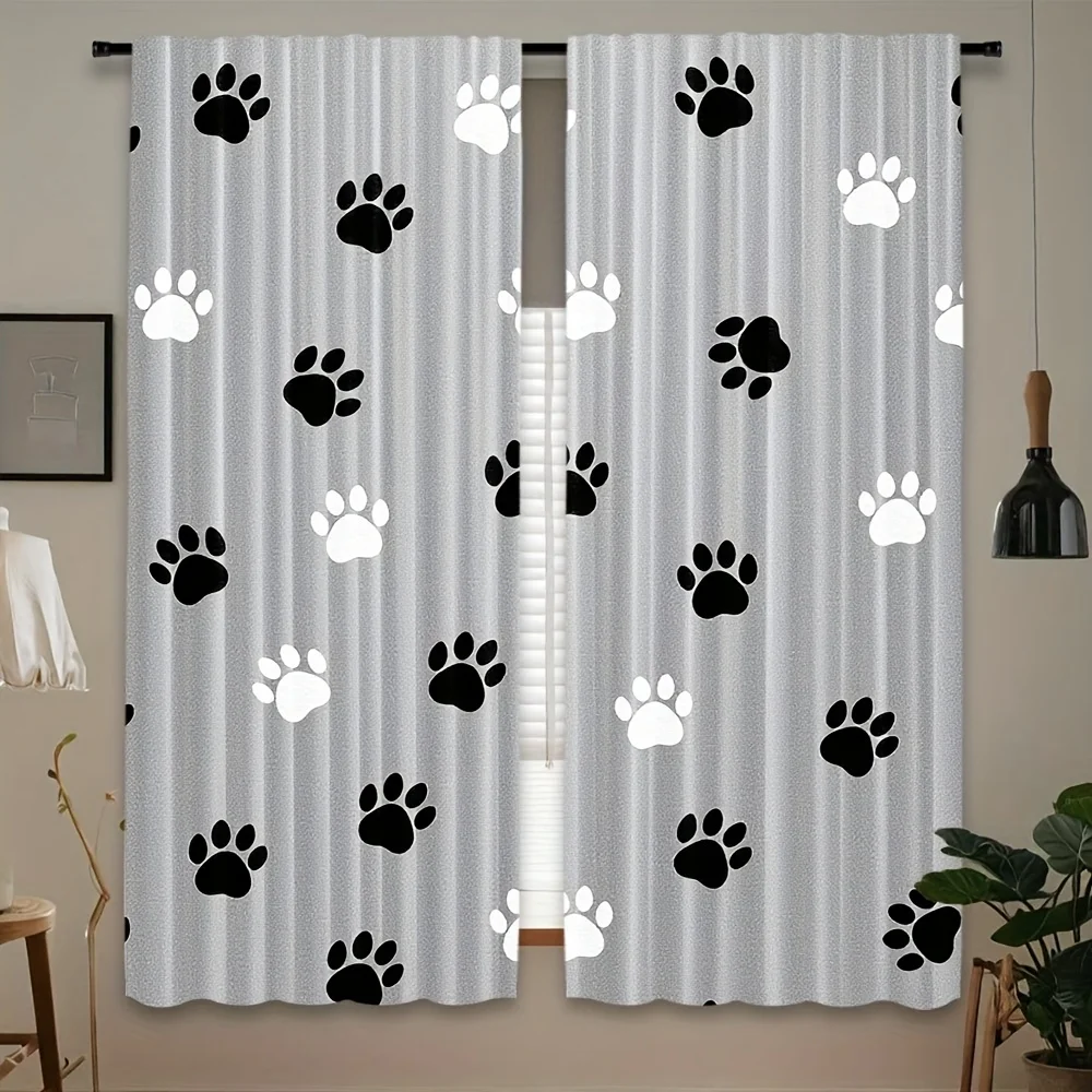 2pc Dog paw print pattern curtains, made of polyester fabric, machine washable, suitable for bedroom and living room décor.